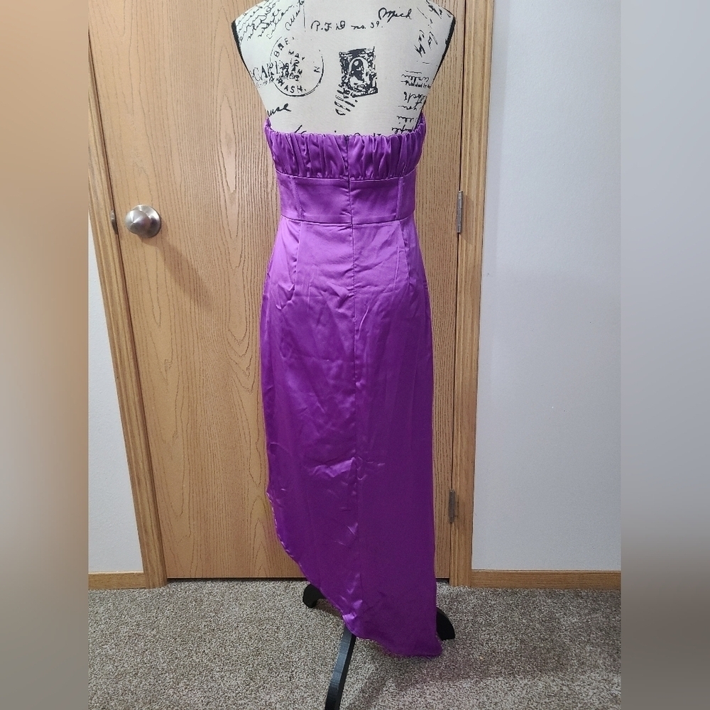 Hello Molly Strapless Basque Waist Corset Ruched Satin Asymmetrical Slit Dress - Picture 6 of 8